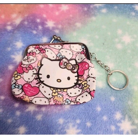 Hello Kitty Face Heart Coin Snap Purse Keychain Kawaii Sanrio Travel Gift Wallet - Picture 1 of 4